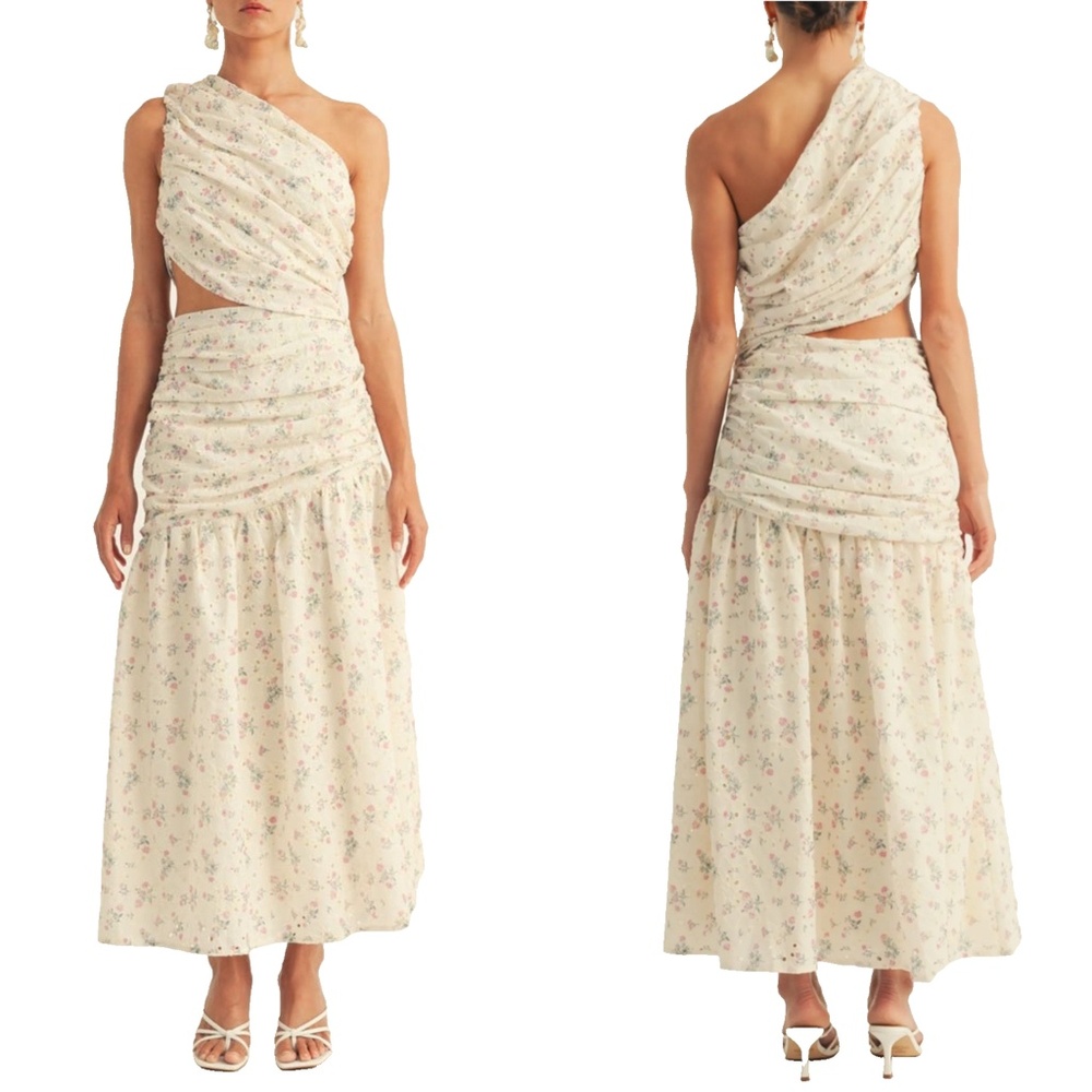 NEW AROSE STUDIO Cream FLORAL Soleil EYELET Cutout ONE SHOULDER Maxi DRESS S